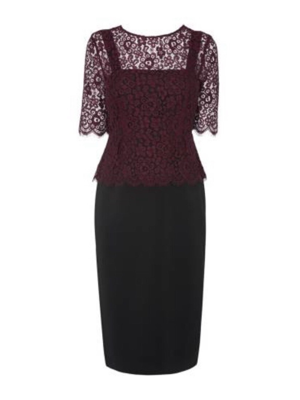 LK Bennett Burgundy Lace Peplum Top with Black Pencil Skirt dress